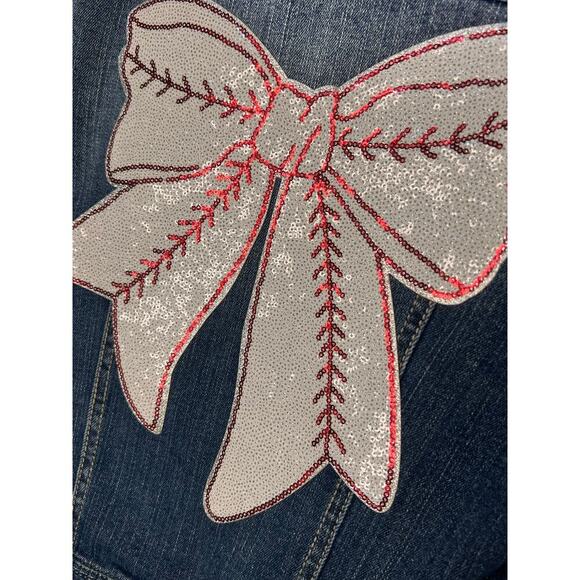 Mudd Sequined Coquette White Baseball Bow Blue Denim Distressed Jean Jacket Sz M - Picture 3 of 8